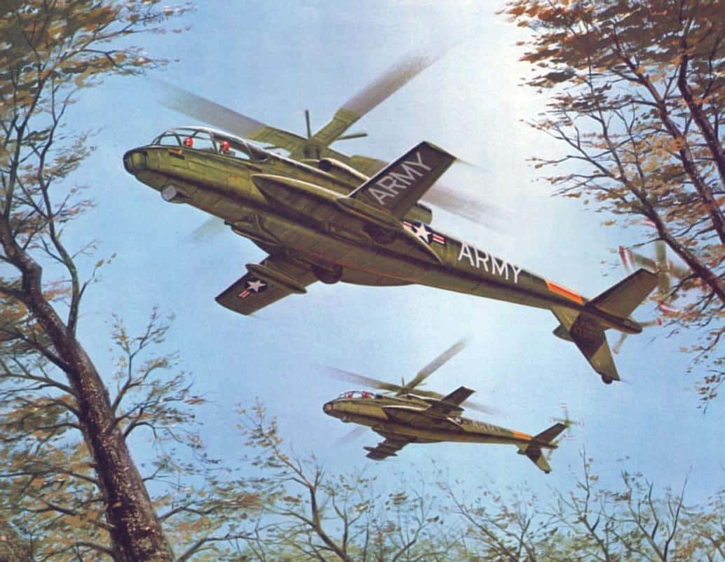 Рекламный рисунок пары винтокрылов«Локхид» CL-840 в полете